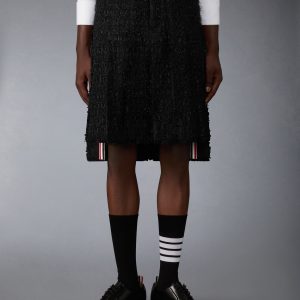 SATIN RIBBON TWEED FRAYED PLEATED SKIRT