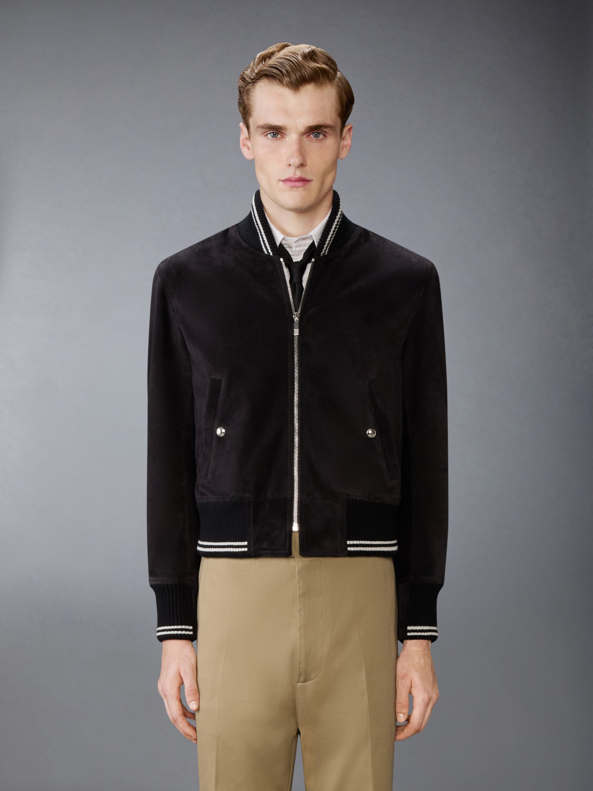 CALF SUEDE RIB KNIT BOMBER JACKET