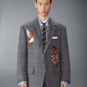 PRINCE OF WALES HUNTING TWEED BIRD APPLIQUE OVERSIZED JACKET