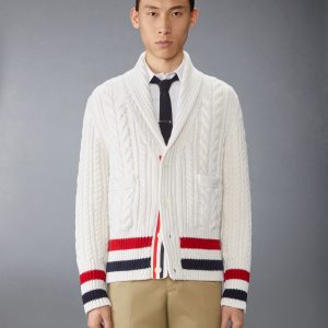 ARAN CABLE CASHMERE RWB STRIPE CARDIGAN