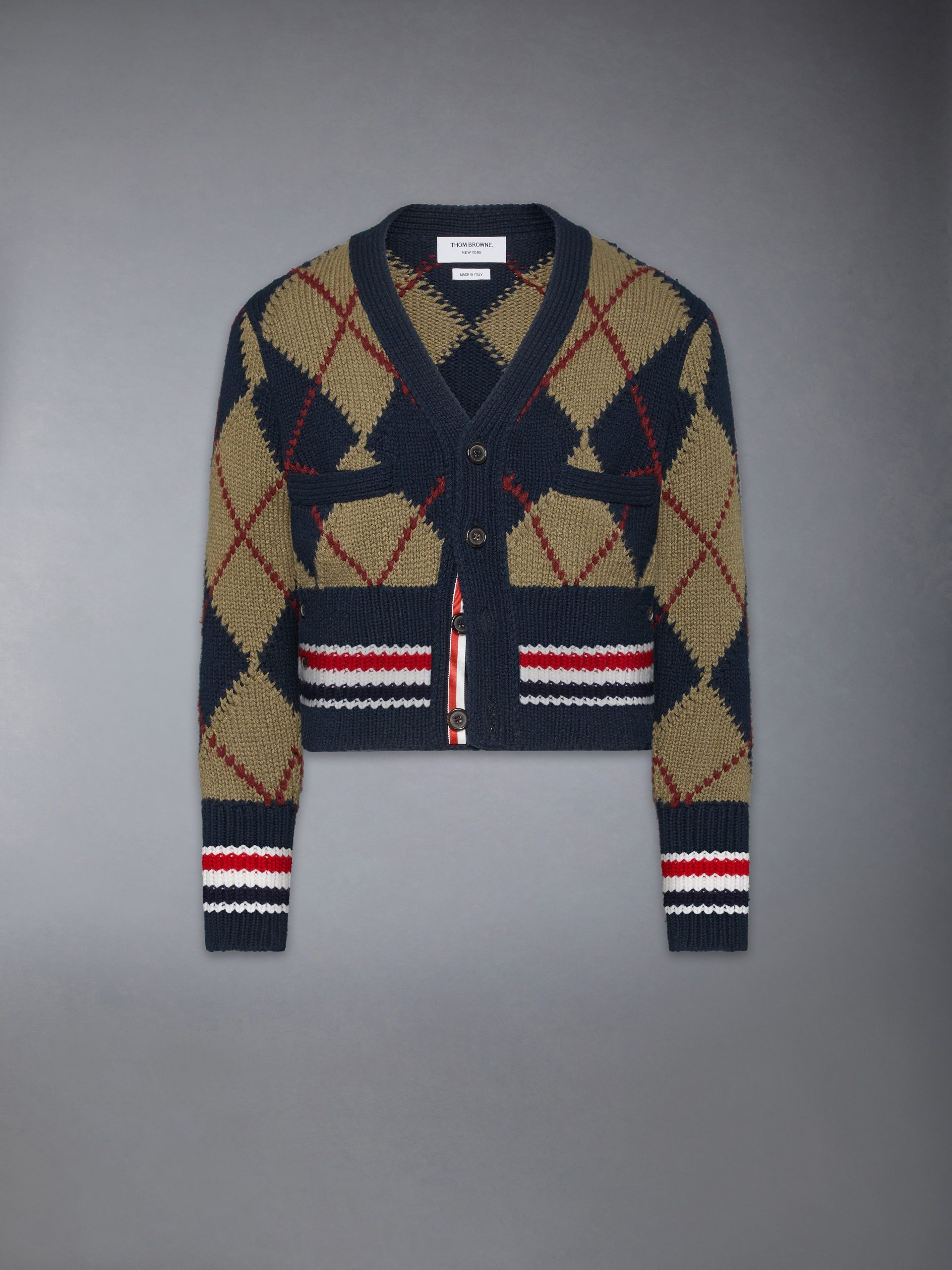 MERINO WOOL ARGYLE INTARSIA V NECK CARDIGAN - Image 6