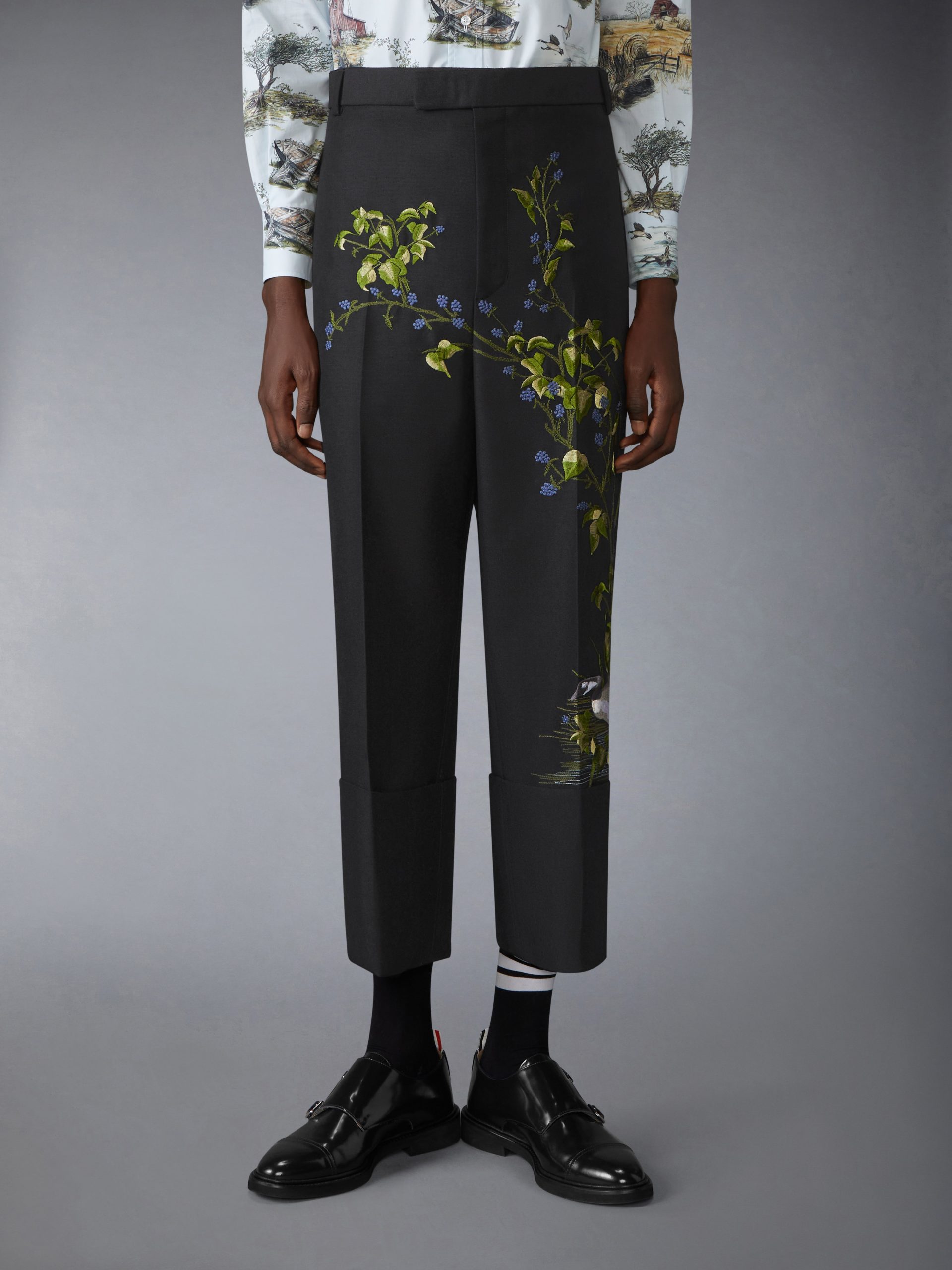 GOOSE SCENIC SATIN STITCH WOOL CHINO TROUSERS