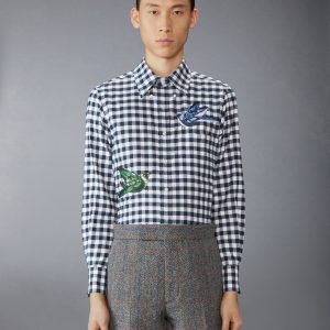 GINGHAM CHECK FLANNEL SATIN STITCH BIRDS SHIRT