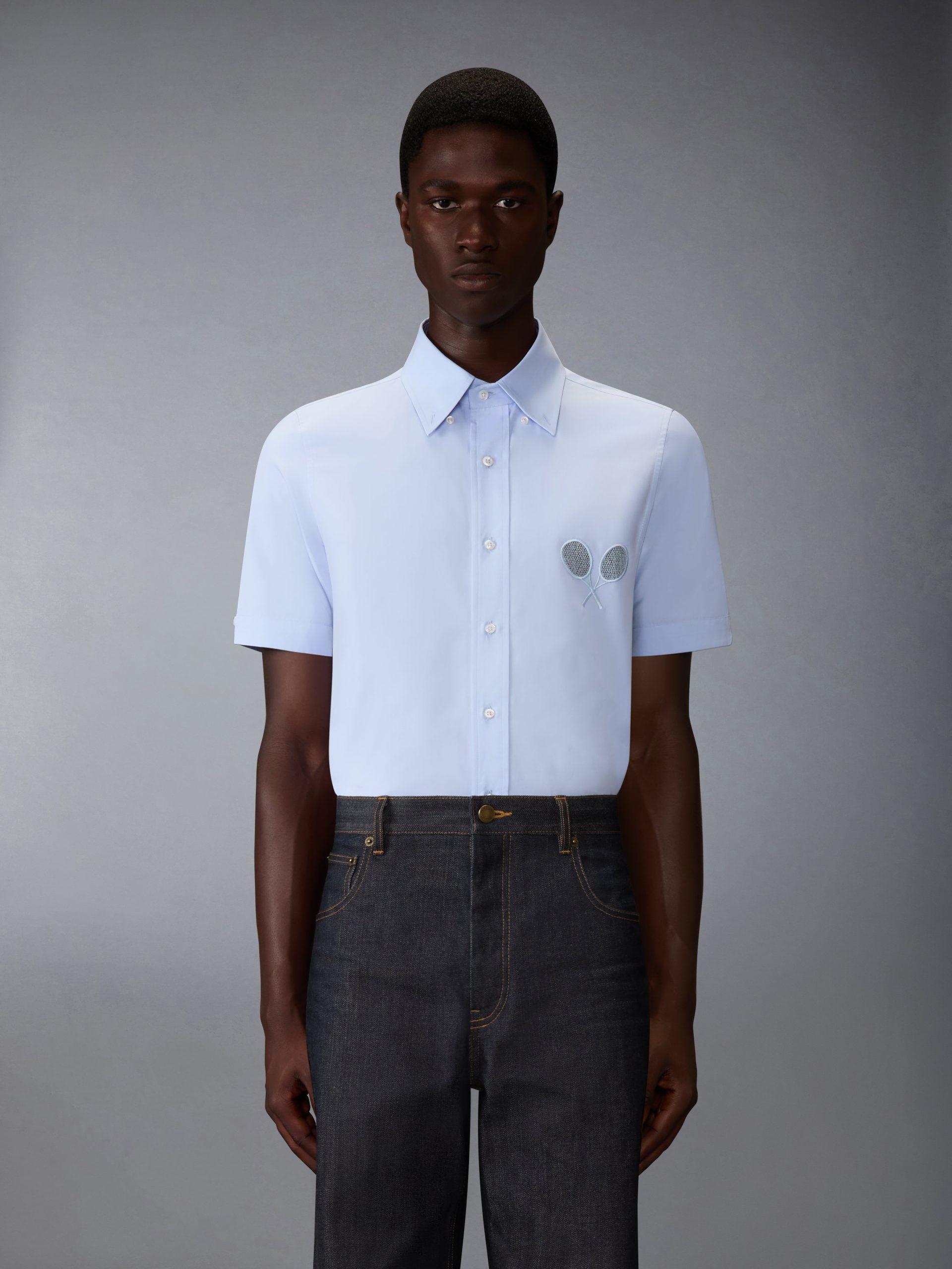 SOLID POPLIN TENNIS RACQUET EMBROIDERY SHORT SLEEVE SHIRT
