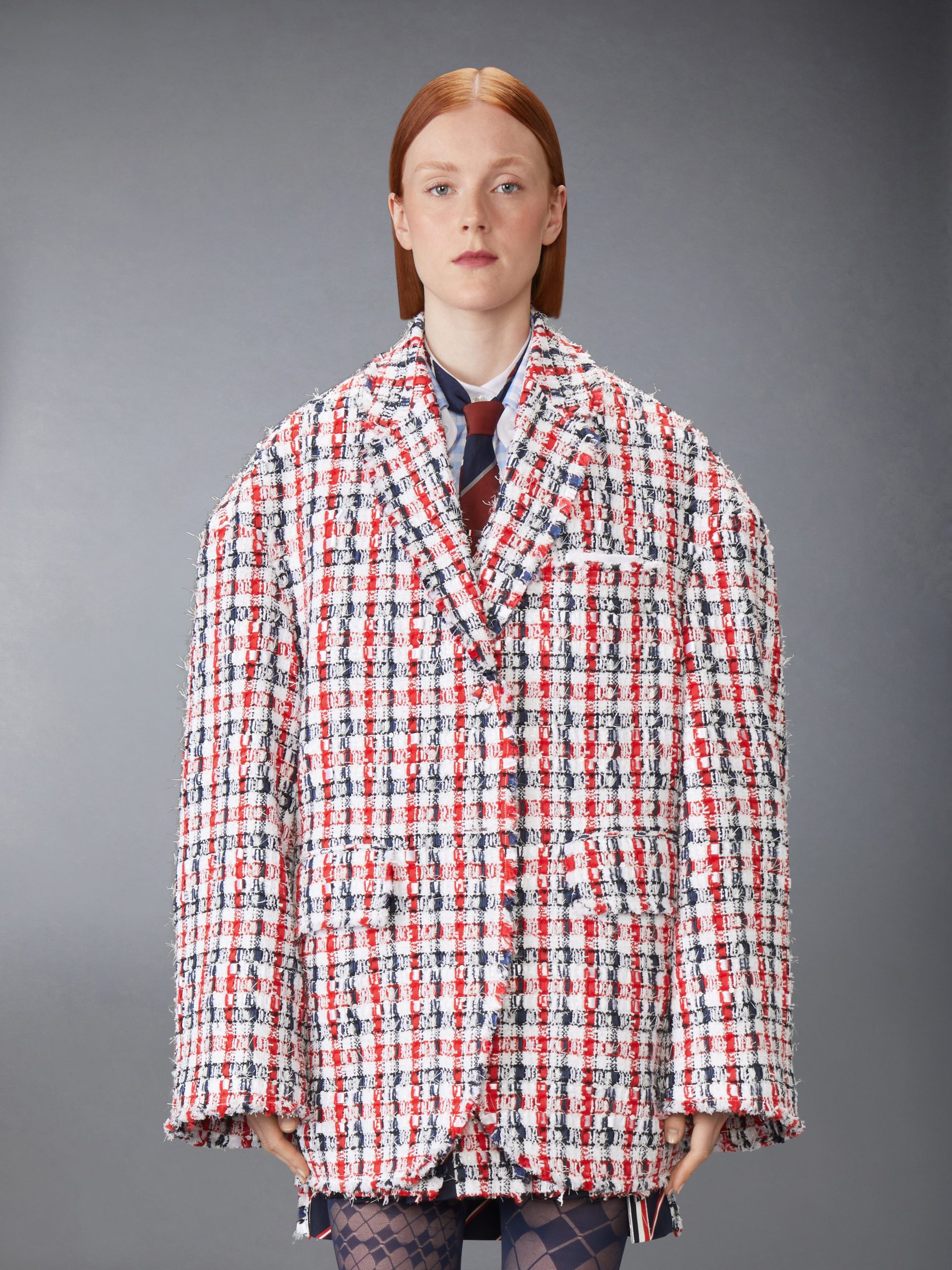 GINGHAM SATIN RIBBON TWEED COCOON SPORTCOAT