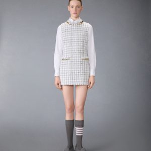 GINGHAM SATIN RIBBON TWEED MINI PENCIL DRESS WITH SWAROVSKI CRYSTAL