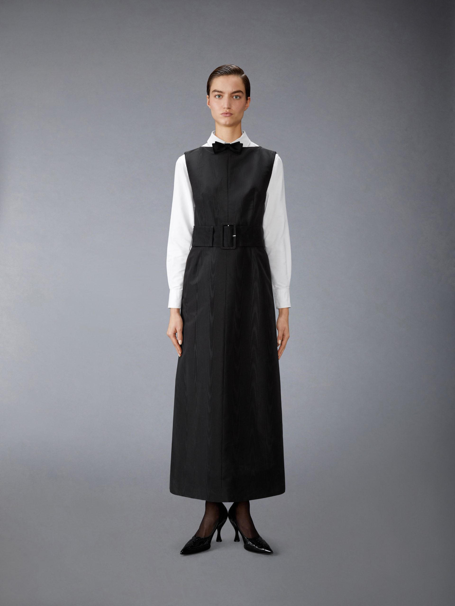 SILK MOIRE BOAT NECK COLUMN DRESS