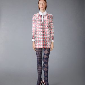 GINGHAM SATIN RIBBON TWEED SHIFT DRESS