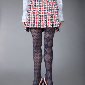 GINGHAM SATIN RIBBON TWEED PLEATED MINI SKIRT