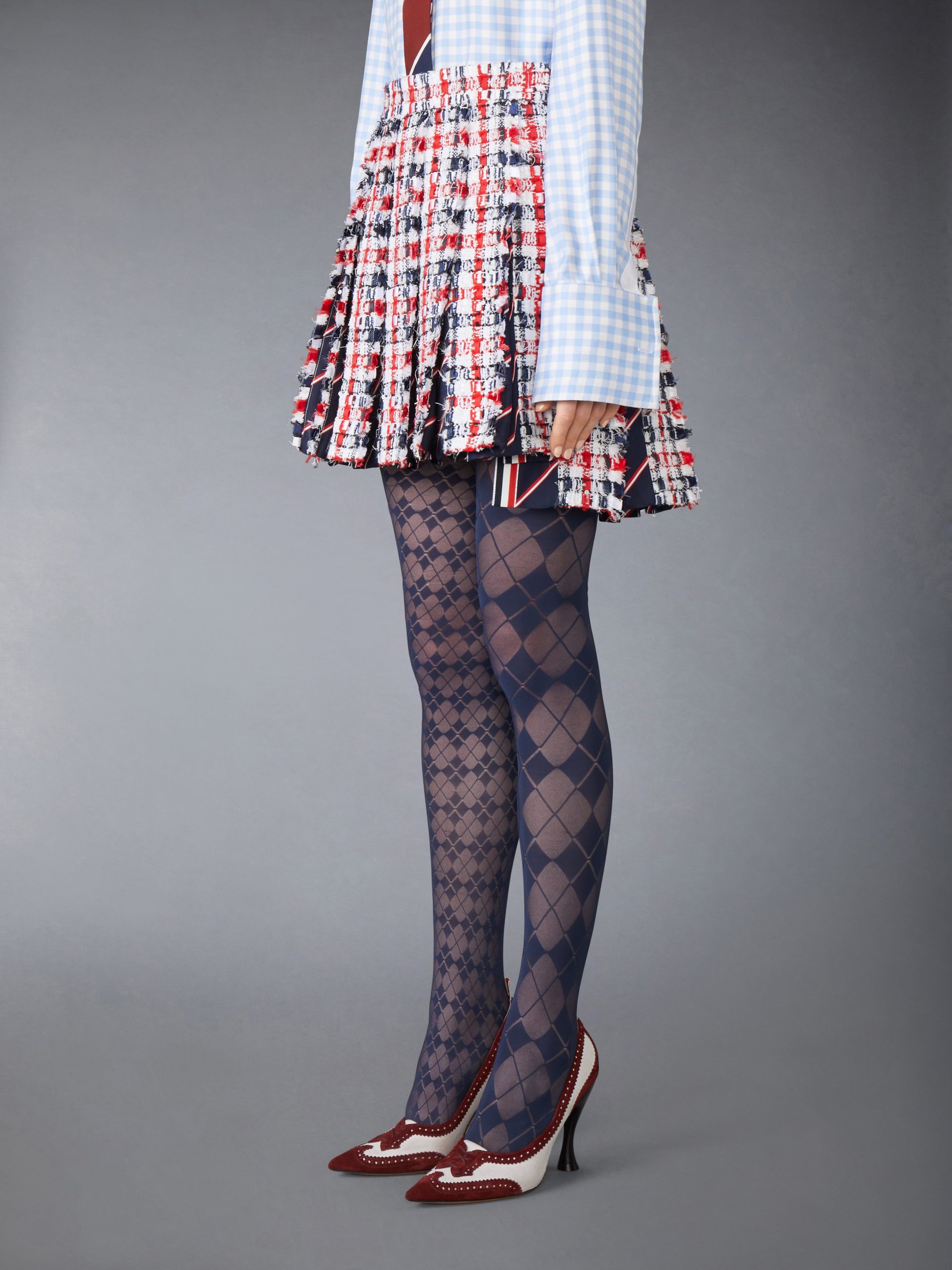 GINGHAM SATIN RIBBON TWEED PLEATED MINI SKIRT - Image 2