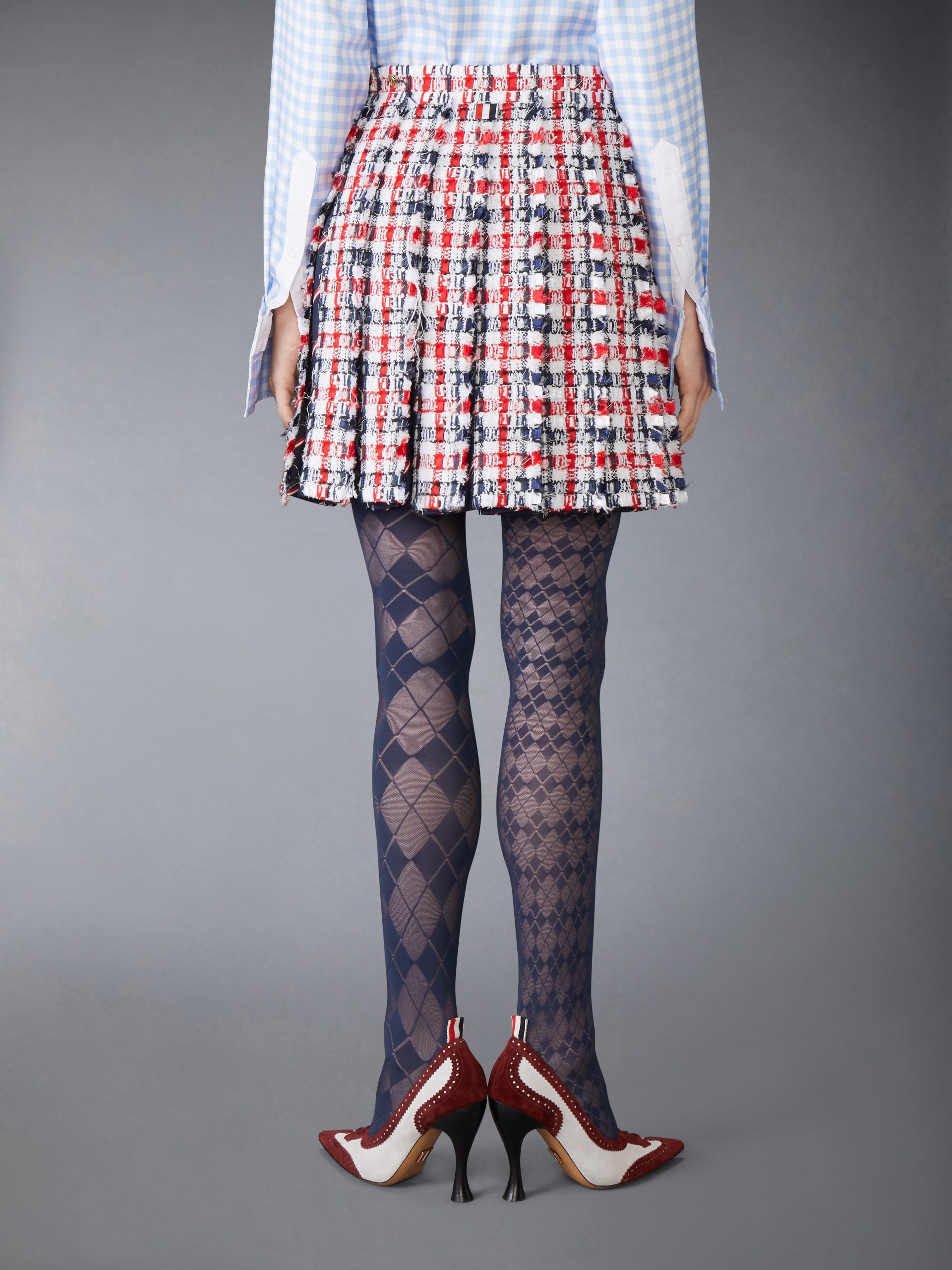 GINGHAM SATIN RIBBON TWEED PLEATED MINI SKIRT - Image 3