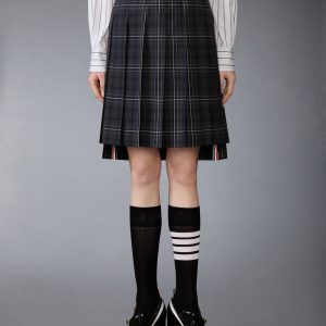 WINDOWPANE PLAID COOL WOOL PLEATED SKIRT