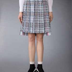 PLAID CHECK SUMMER TWEED FRAYED PLEATED SKIRT