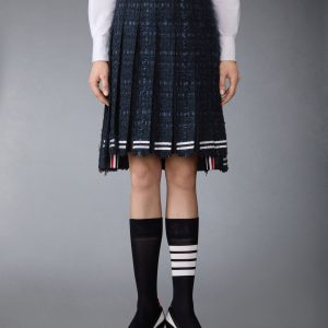 SATIN RIBBON TWEED FRAYED PLEATED SKIRT