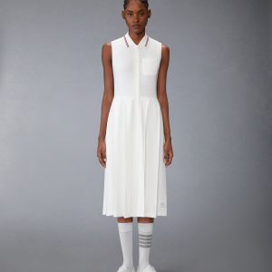 COTTON WAFFLE PLEATED POLO DRESS