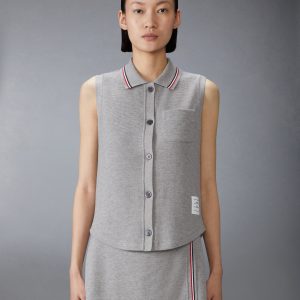COTTON WAFFLE SLEEVELESS BUTTON SHIRT
