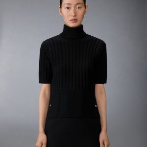 CASHMERE BABY CABLE STITCH  SHORT SLEEVE TURTLENECK