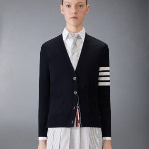 MERINO WOOL 4-BAR RELAXED FIT V-NECK CARDIGAN