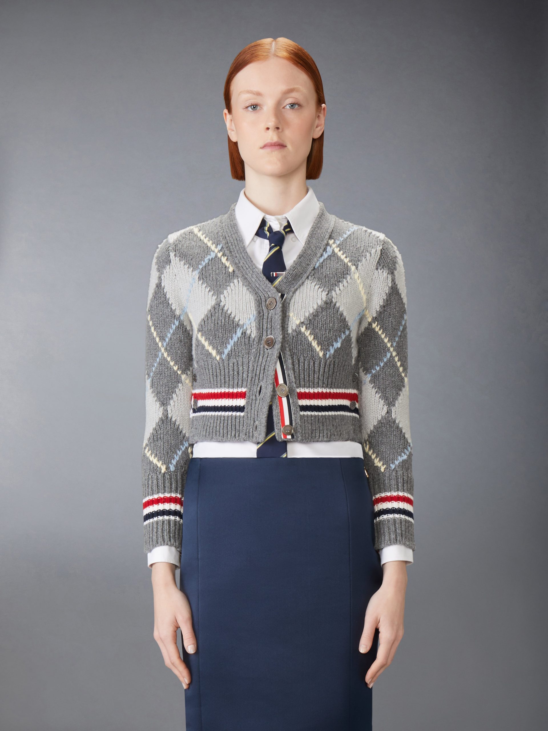 ARGYLE INTARSIA MERINO WOOL SHRUNKEN CARDIGAN