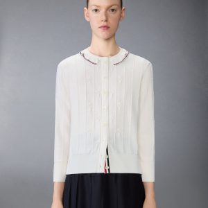 MERINO WOOL BOBBLE STITCH LACE TRIM CARDIGAN