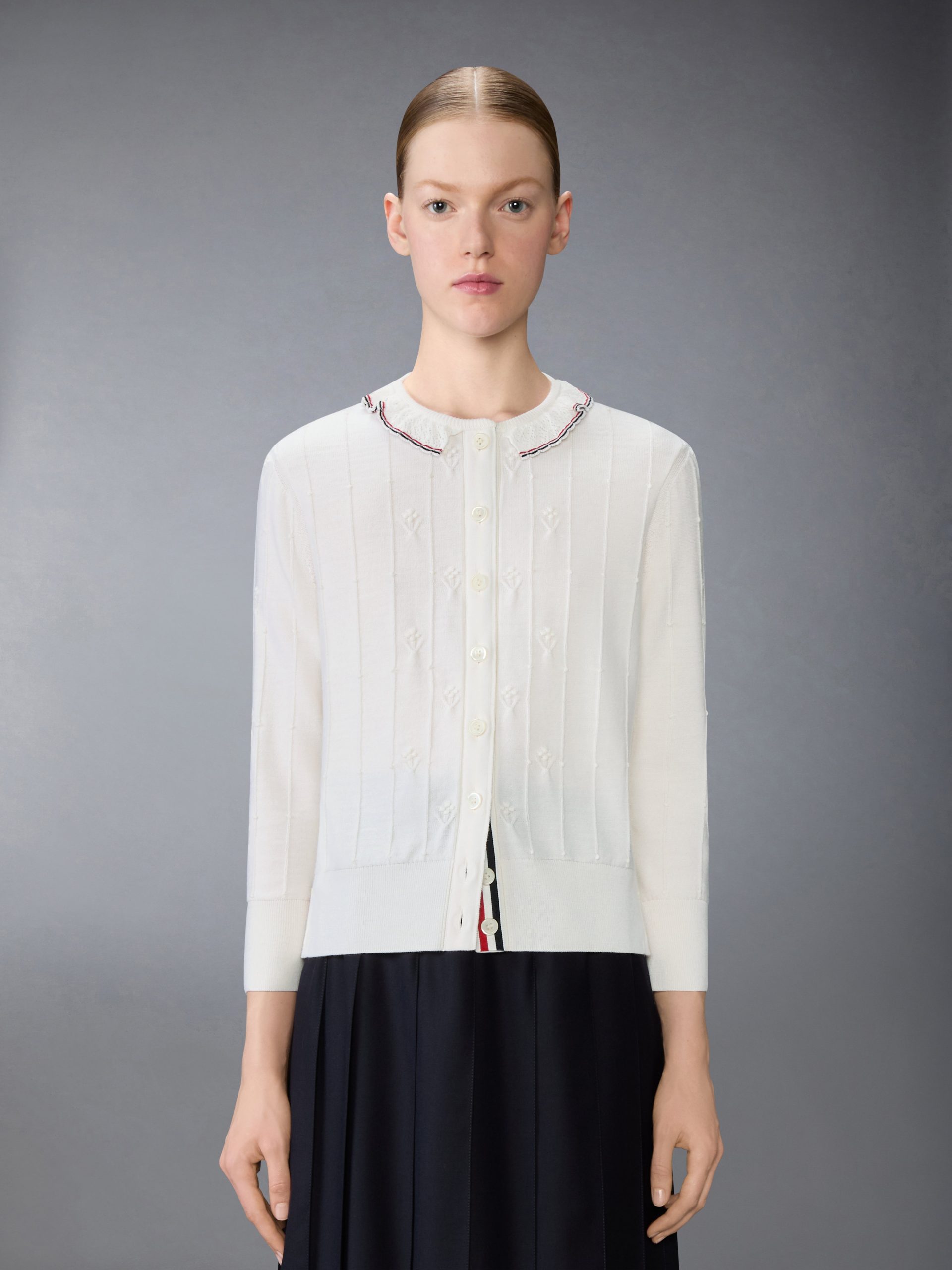 MERINO WOOL BOBBLE STITCH LACE TRIM CARDIGAN