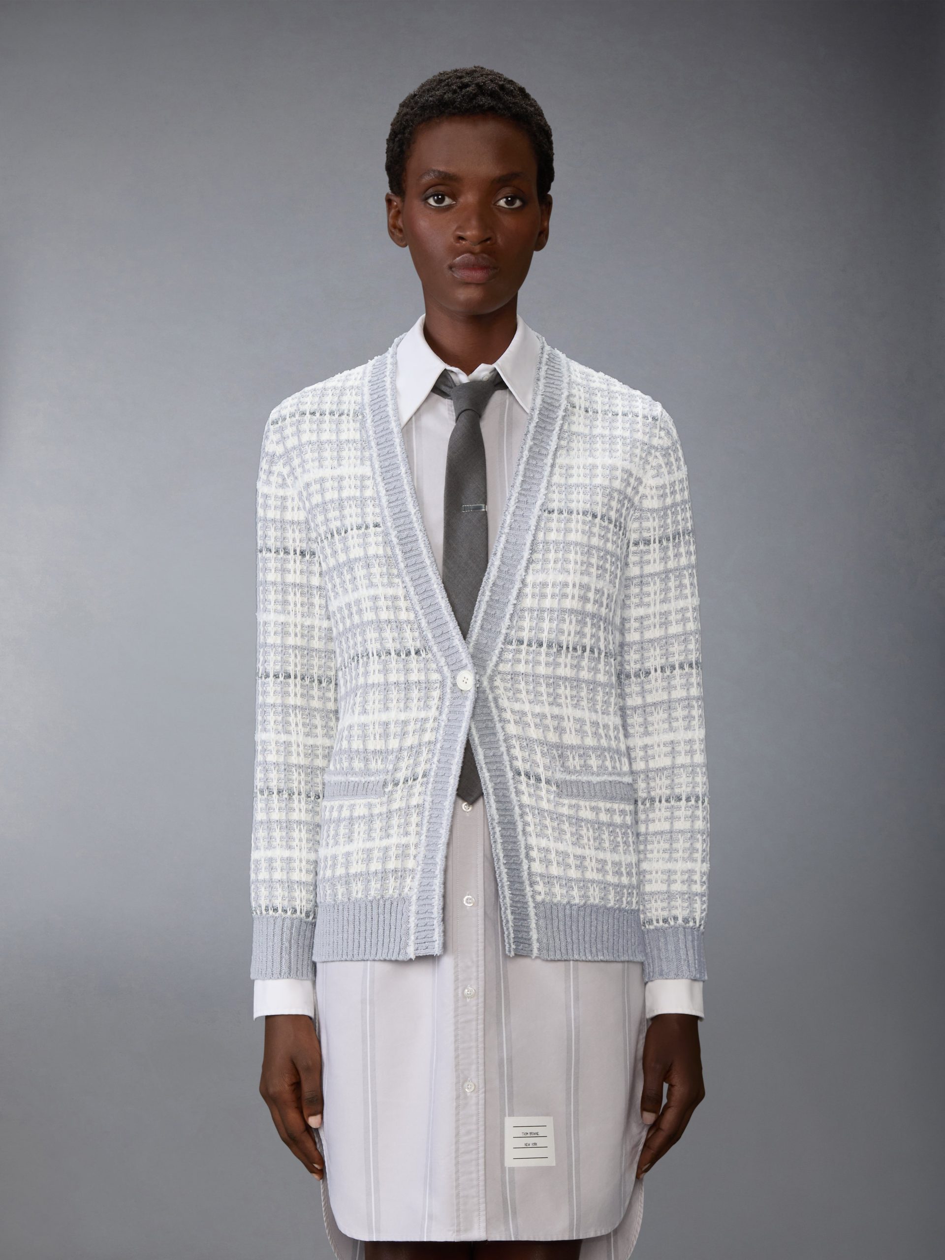 TUCK STITCH TWEED ELONGATED V-NECK CARDIGAN