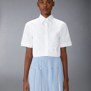PINSTRIPE POPLIN CROPPED SHORT SLEEVE SHIRT
