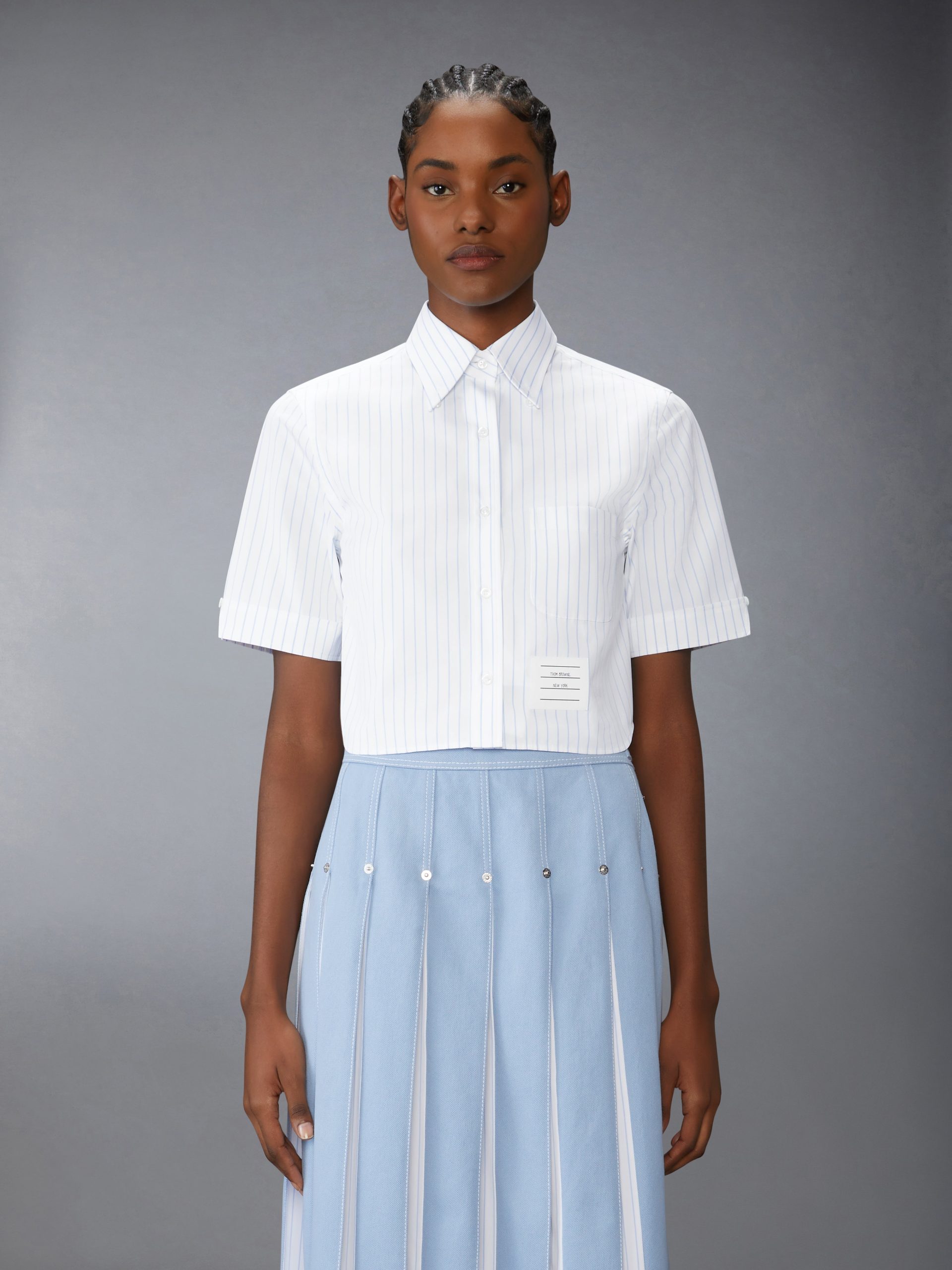 PINSTRIPE POPLIN CROPPED SHORT SLEEVE SHIRT