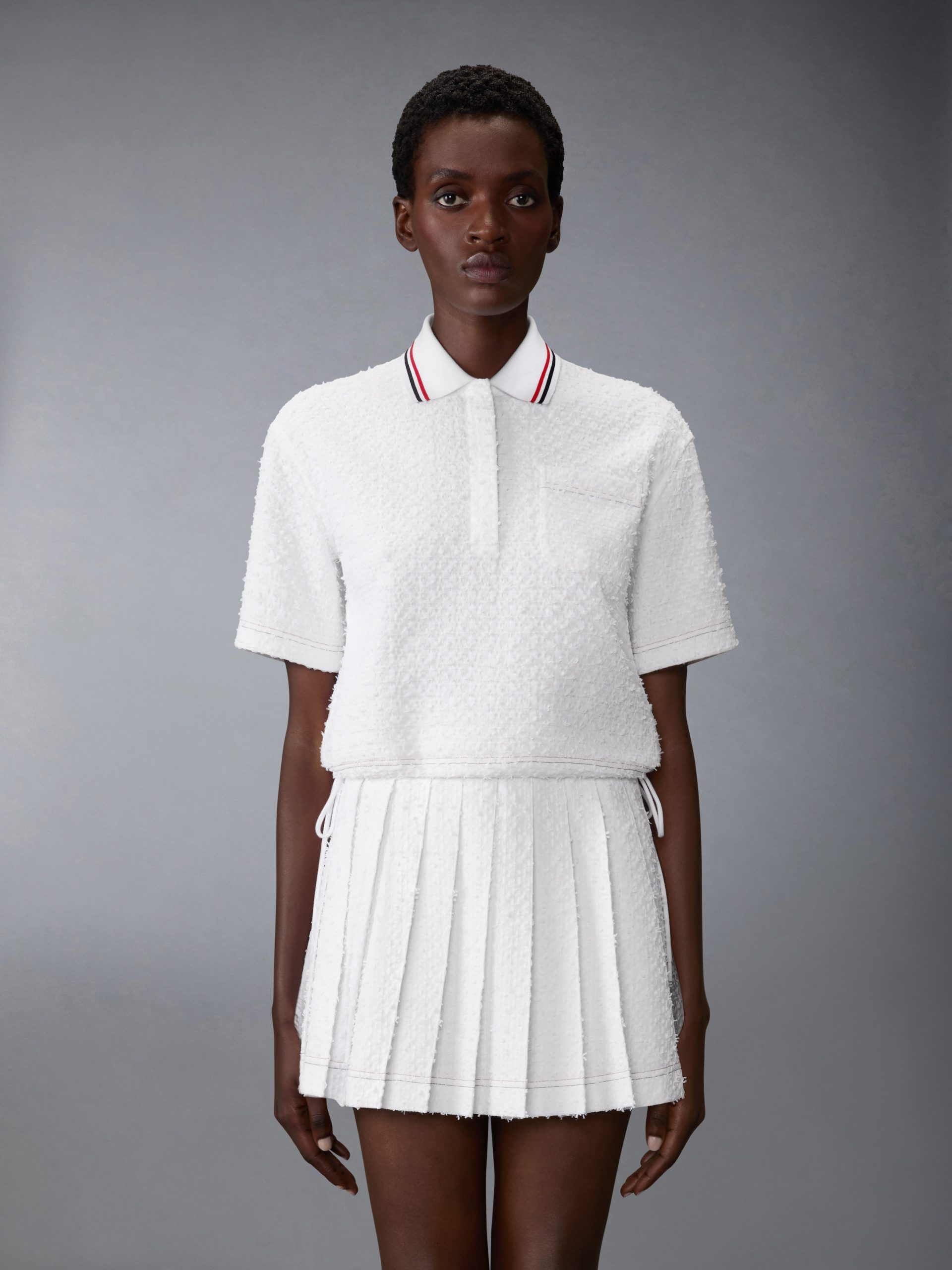 EYELASH RIBBON TWEED DRAWSTRING HEM POLO